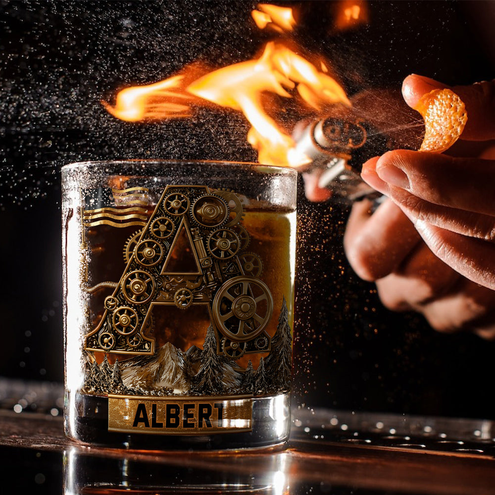 Initial Steampunk Style, Gift For Him - Personalized Mechanic Whiskey Glass