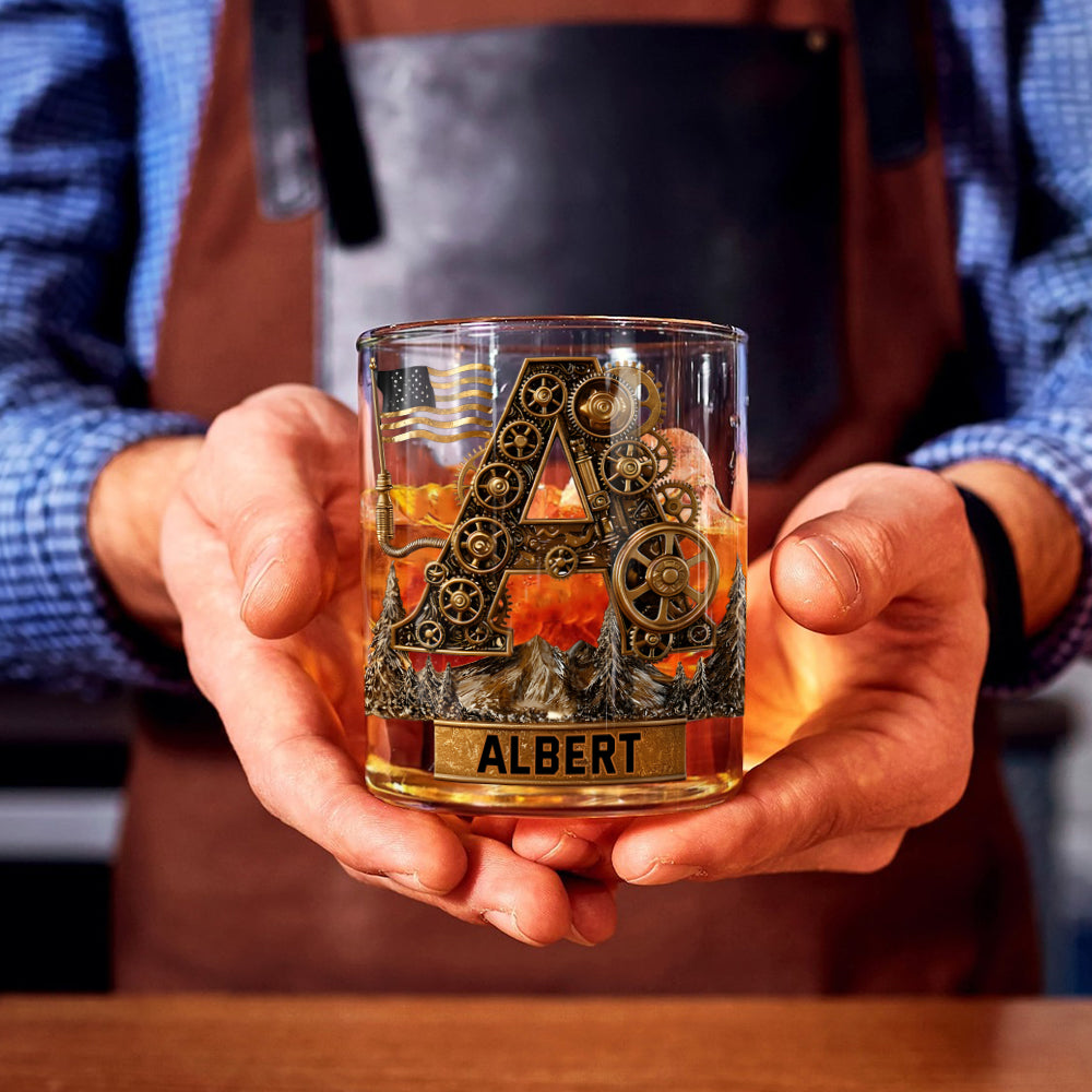 Initial Steampunk Style, Gift For Him - Personalized Mechanic Whiskey Glass
