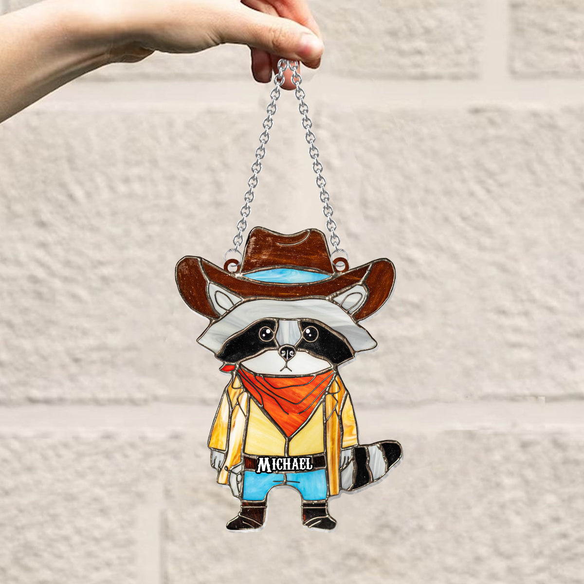 Cowboy Raccoon Stained Glass - Personalized Raccoon Window Hanging Suncatcher Ornament