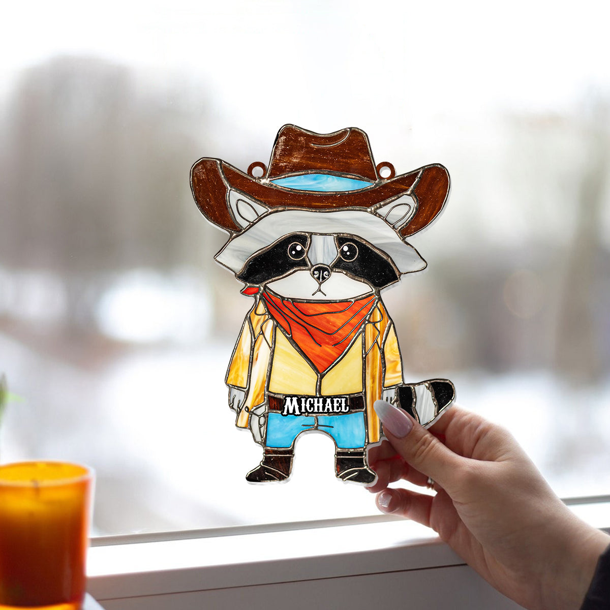 Cowboy Raccoon Stained Glass - Personalized Raccoon Window Hanging Suncatcher Ornament