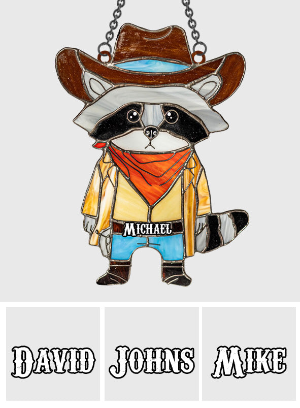 Cowboy Raccoon Stained Glass - Personalized Raccoon Window Hanging Suncatcher Ornament