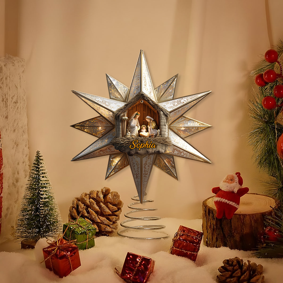 Star Of Bethlehem, Nativity Scene - Personalized Christian LED Light Tree Topper