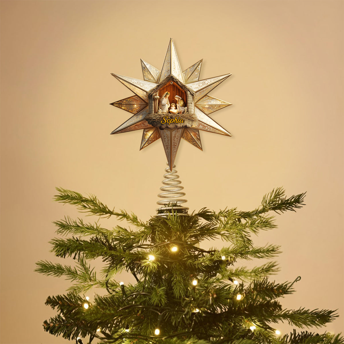 Star Of Bethlehem, Nativity Scene - Personalized Christian LED Light Tree Topper