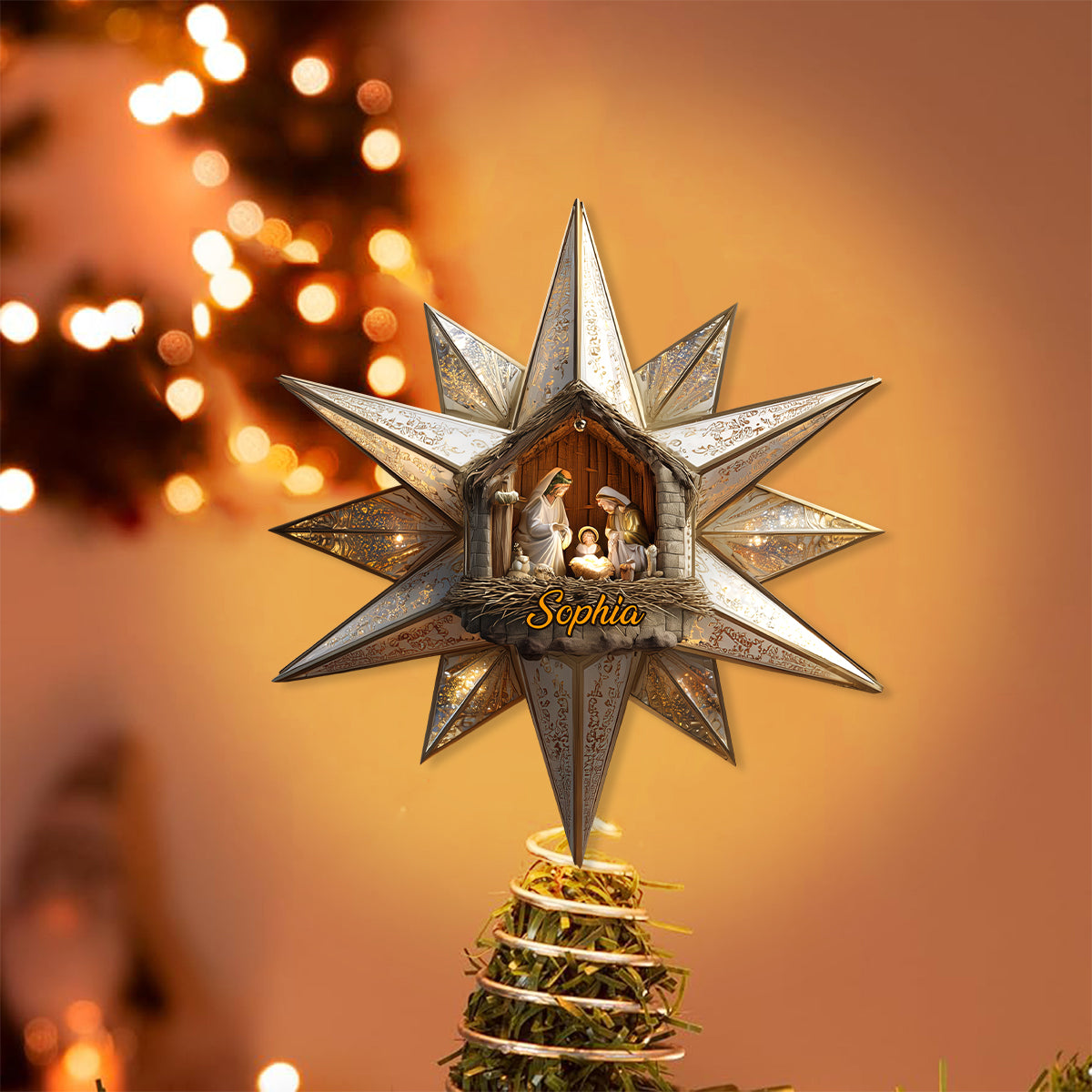 Star Of Bethlehem, Nativity Scene - Personalized Christian LED Light Tree Topper