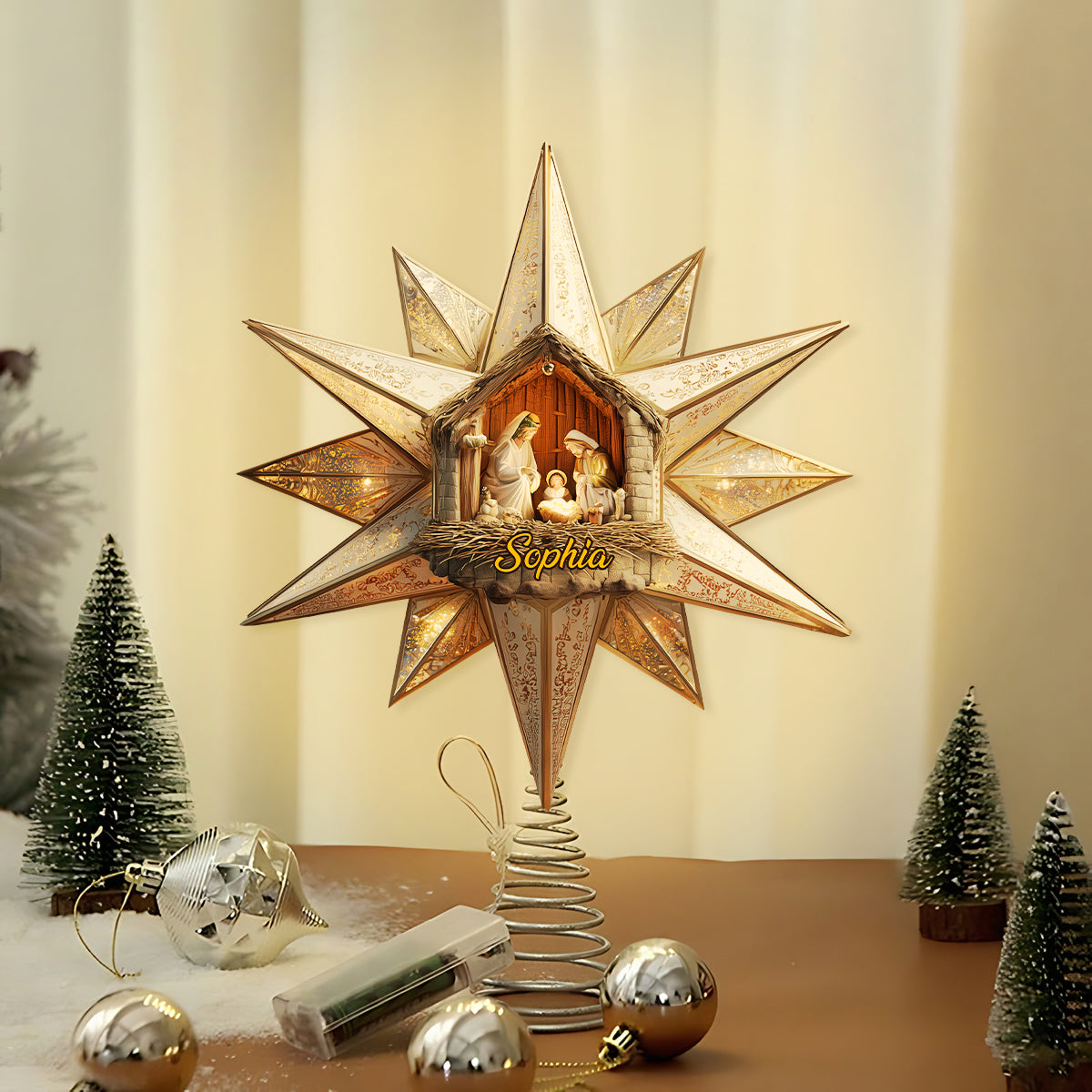 Star Of Bethlehem, Nativity Scene - Personalized Christian LED Light Tree Topper