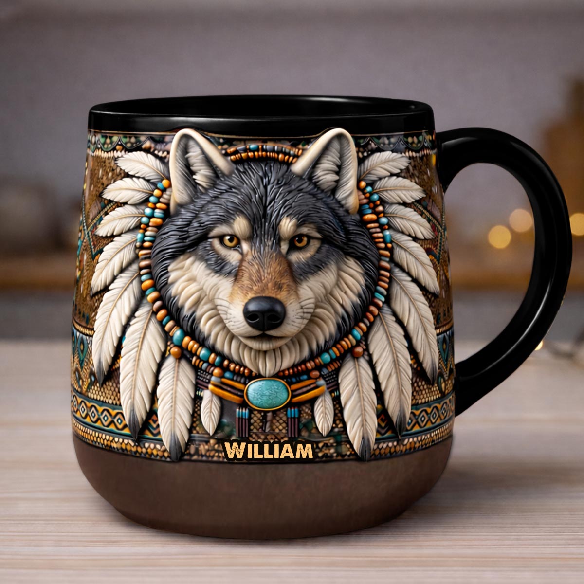Native American Wolf - Personalized American Indian Printed Pottery Mug