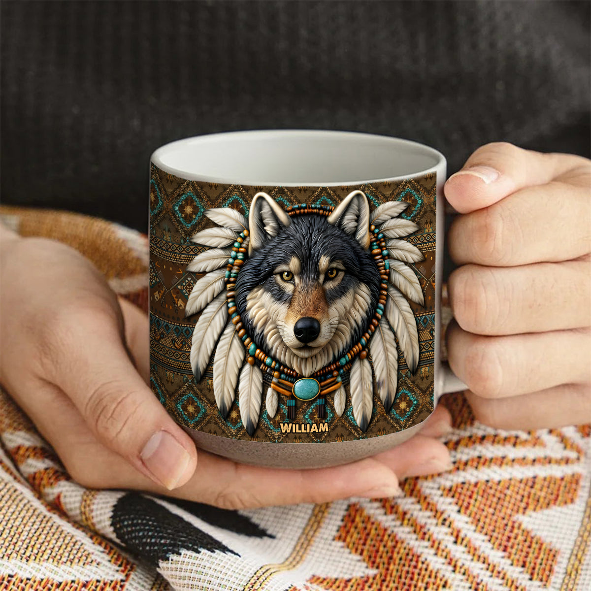 Native American Wolf - Personalized American Indian Printed Pottery Mug