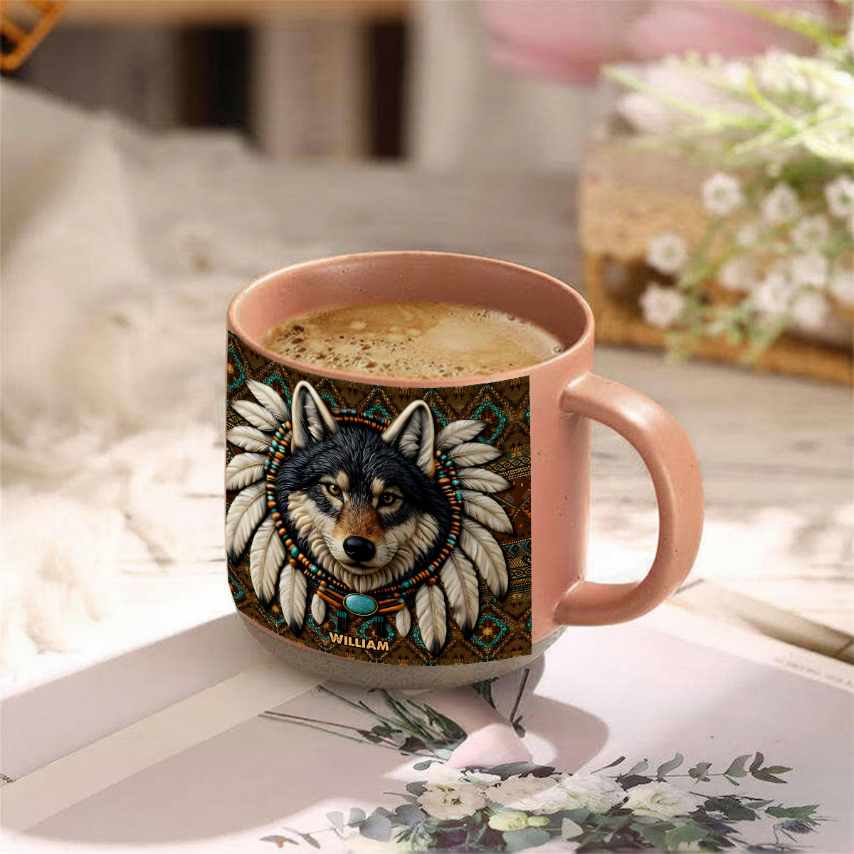 Native American Wolf - Personalized American Indian Printed Pottery Mug