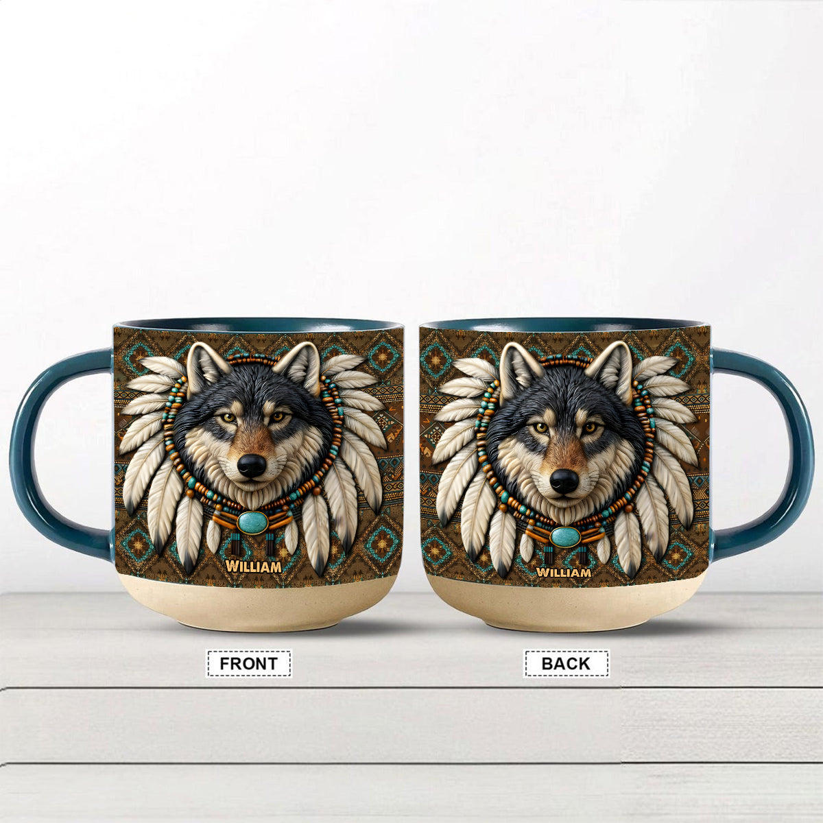 Native American Wolf - Personalized American Indian Printed Pottery Mug