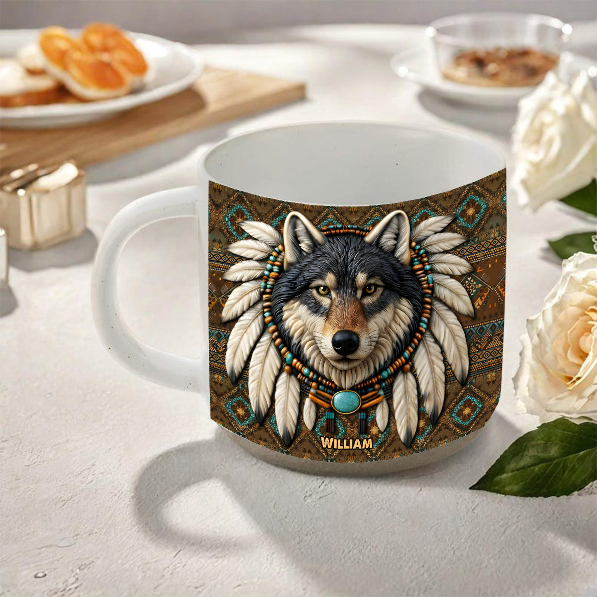Native American Wolf - Personalized American Indian Printed Pottery Mug