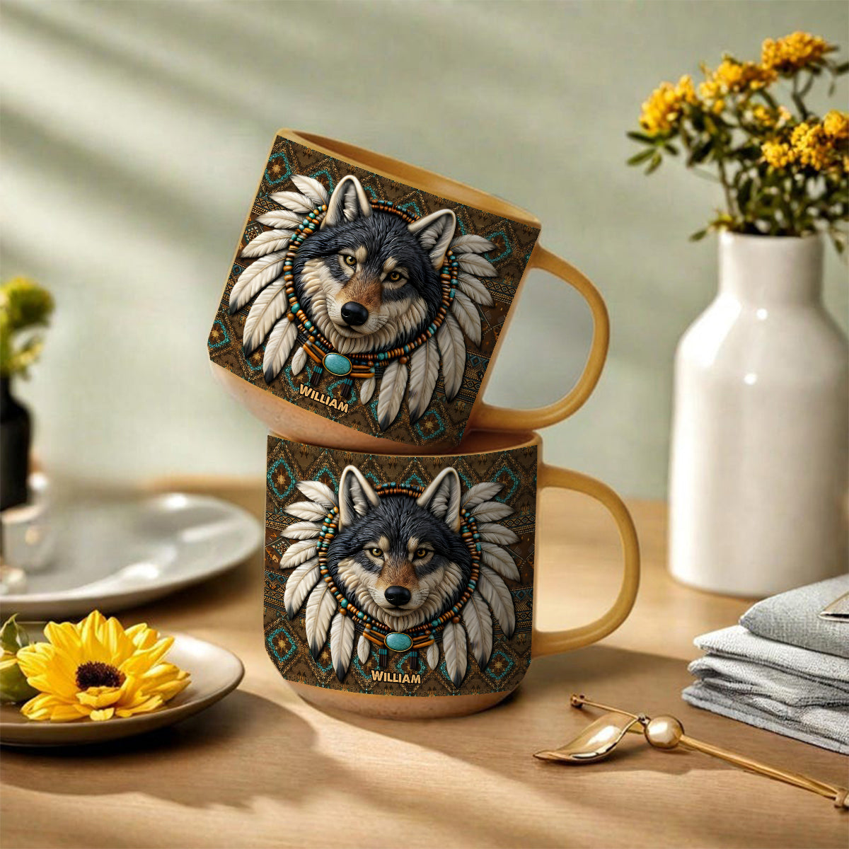 Native American Wolf - Personalized American Indian Printed Pottery Mug