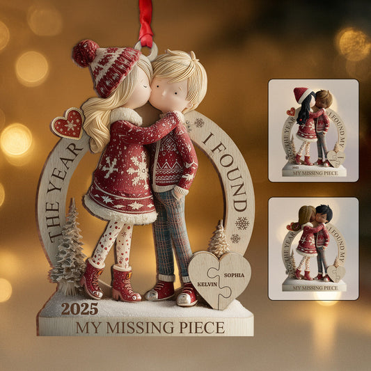 The Year I Found My Missing Piece - Personalized Couple 2 Layered Wooden Ornament