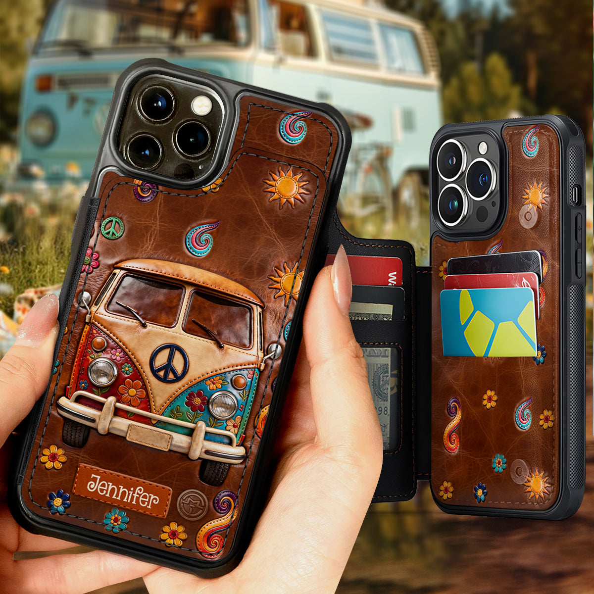 Floral Hippie Van - Personalized Hippie Fully Printed Wallet Phone Case