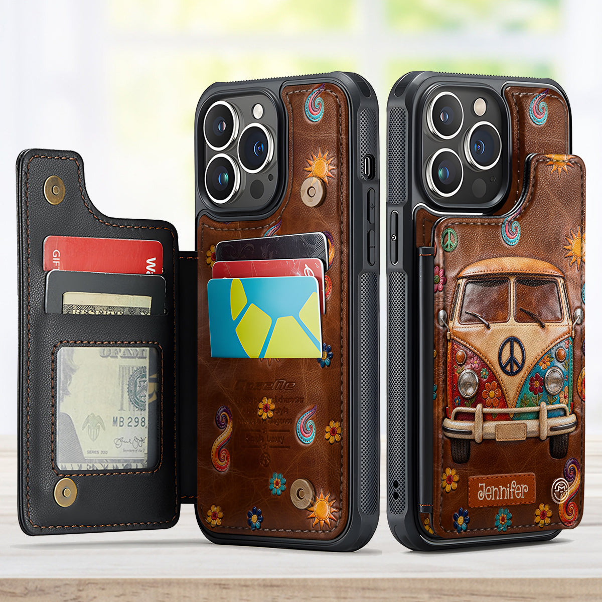 Floral Hippie Van - Personalized Hippie Fully Printed Wallet Phone Case