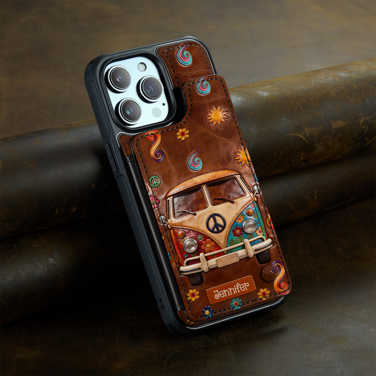 Floral Hippie Van - Personalized Hippie Fully Printed Wallet Phone Case