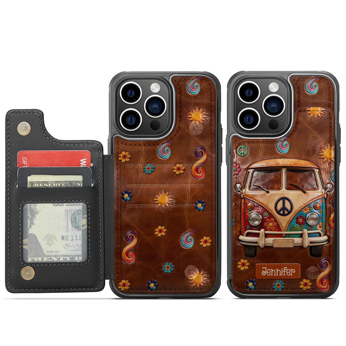 Floral Hippie Van - Personalized Hippie Fully Printed Wallet Phone Case