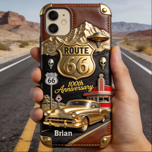 Route 66 100th Anniversary - Personalized Car Lover Leather Phone Case