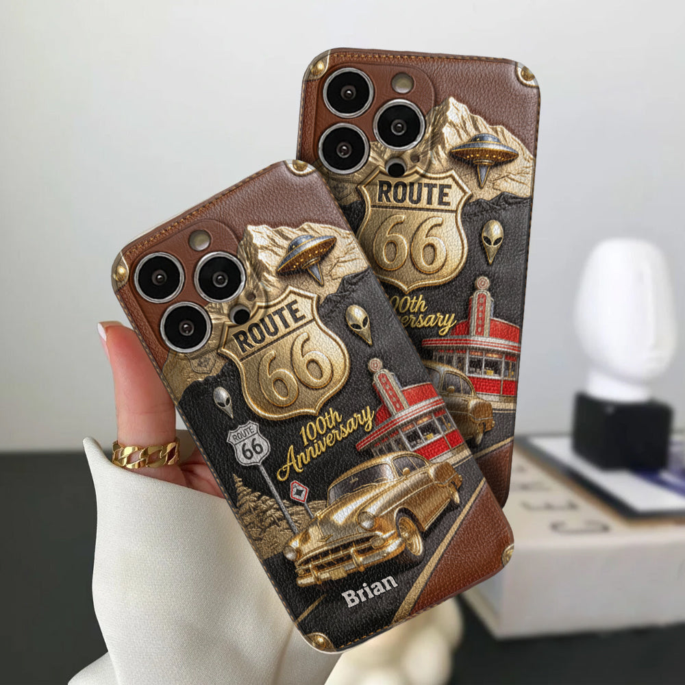 Route 66 100th Anniversary - Personalized Car Lover Leather Phone Case