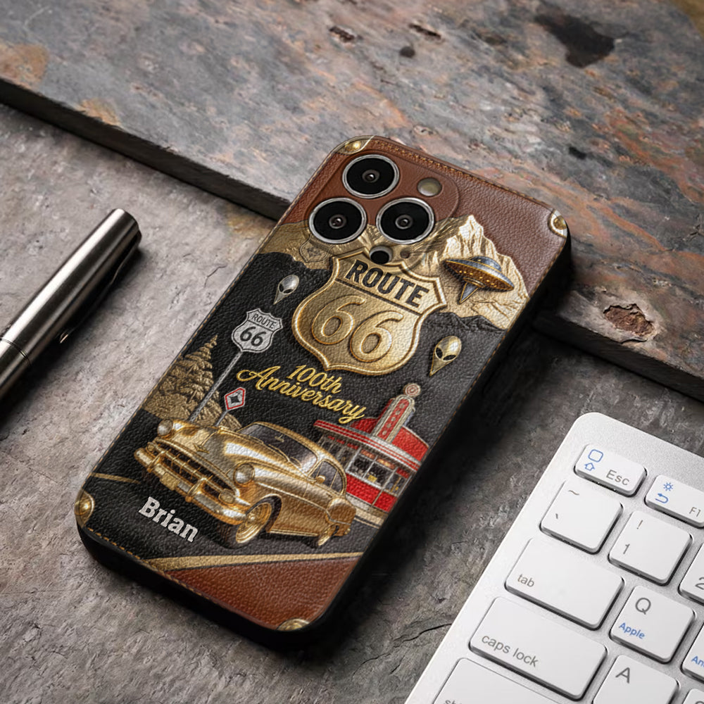 Route 66 100th Anniversary - Personalized Car Lover Leather Phone Case