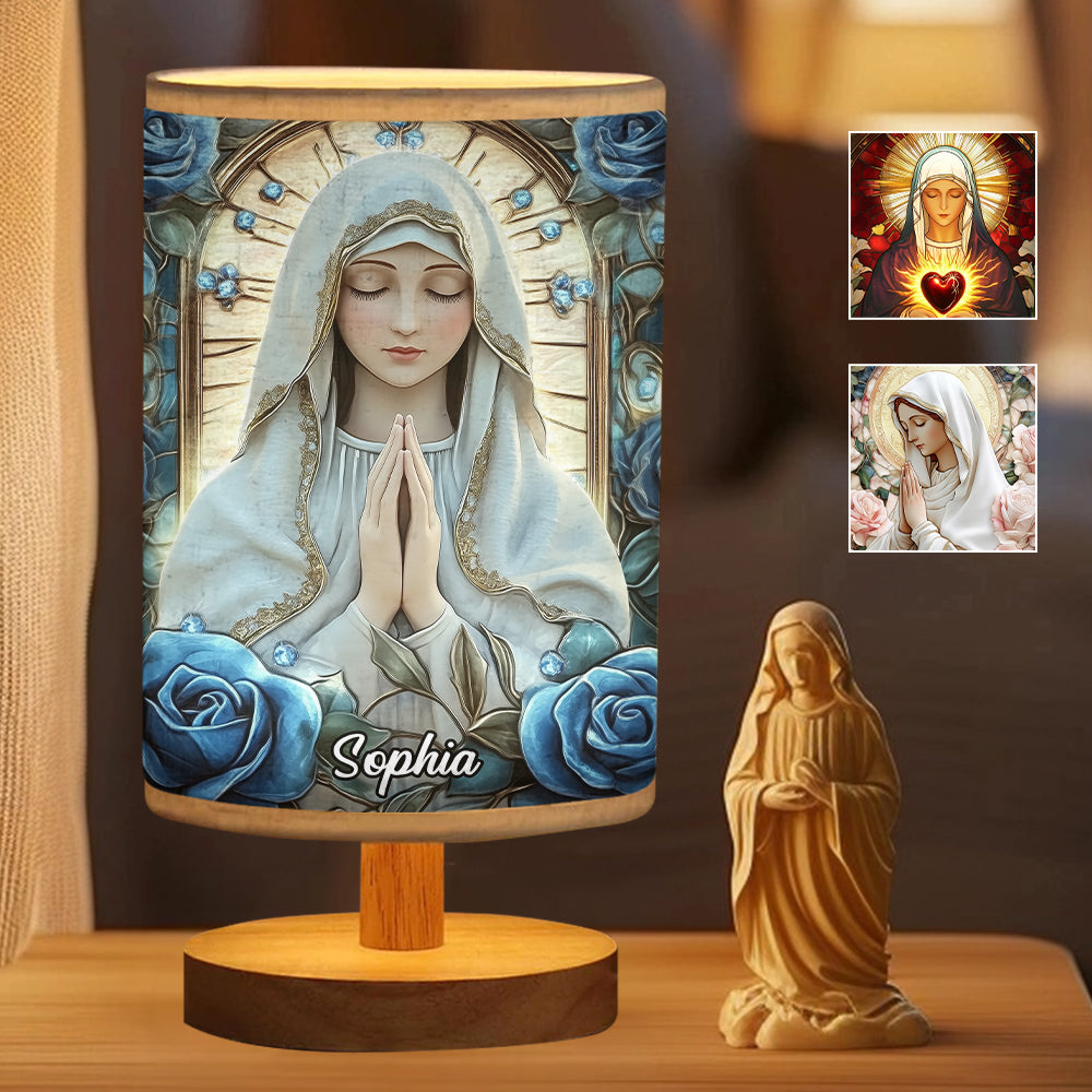 You're Forever Protected By Mary - Personalized Christian Table Lamp with Wood Base