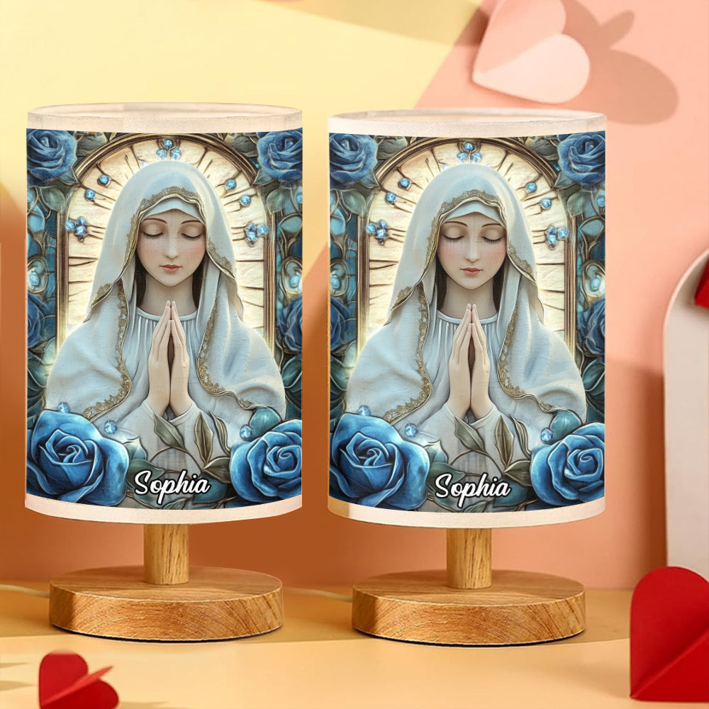 You're Forever Protected By Mary - Personalized Christian Table Lamp with Wood Base