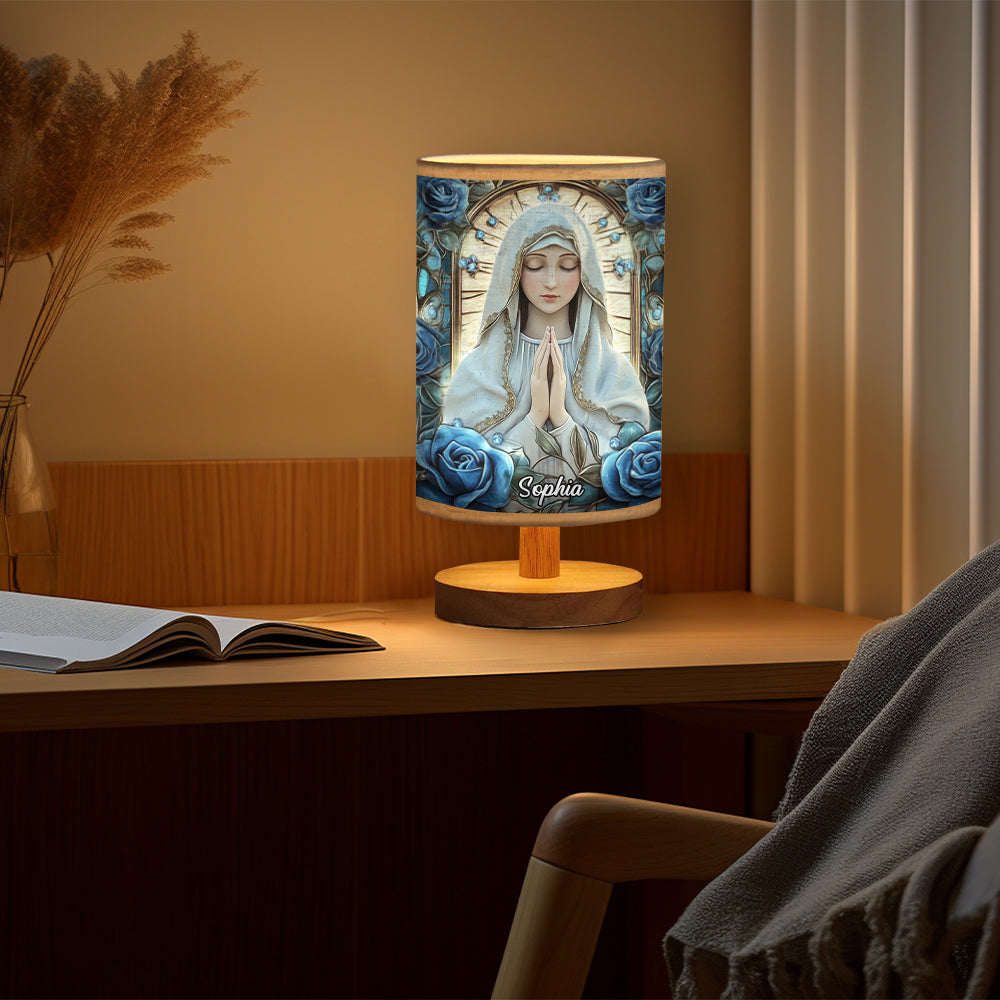 You're Forever Protected By Mary - Personalized Christian Table Lamp with Wood Base