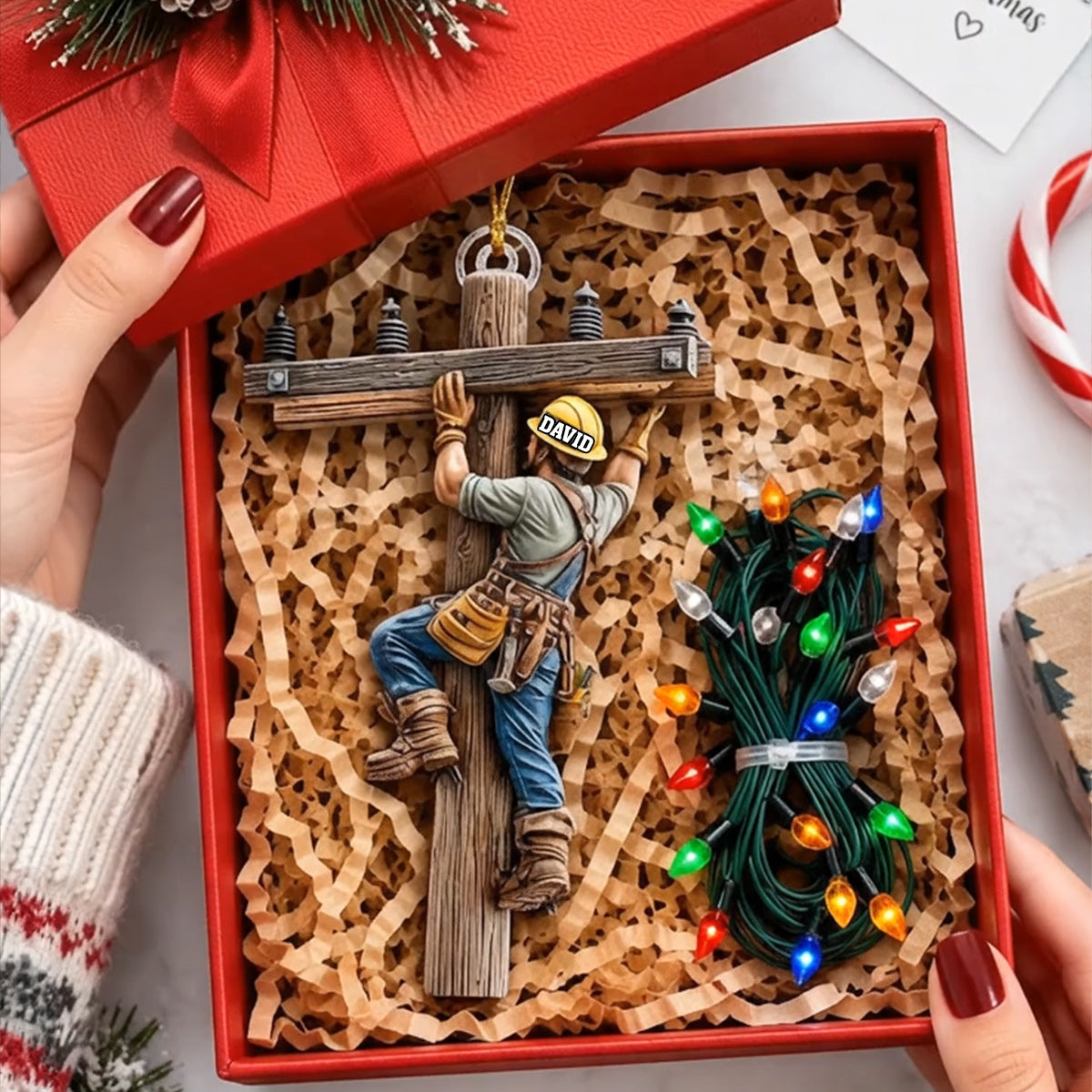 Lineman Ornament With Real Christmas String Light - Personalized Lineman Miniature Light String Ornament