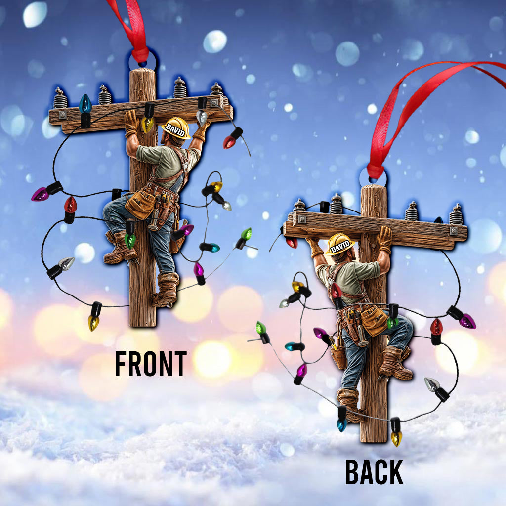 Lineman Ornament With Real Christmas String Light - Personalized Lineman Miniature Light String Ornament