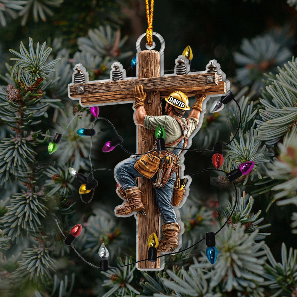 Lineman Ornament With Real Christmas String Light - Personalized Lineman Miniature Light String Ornament