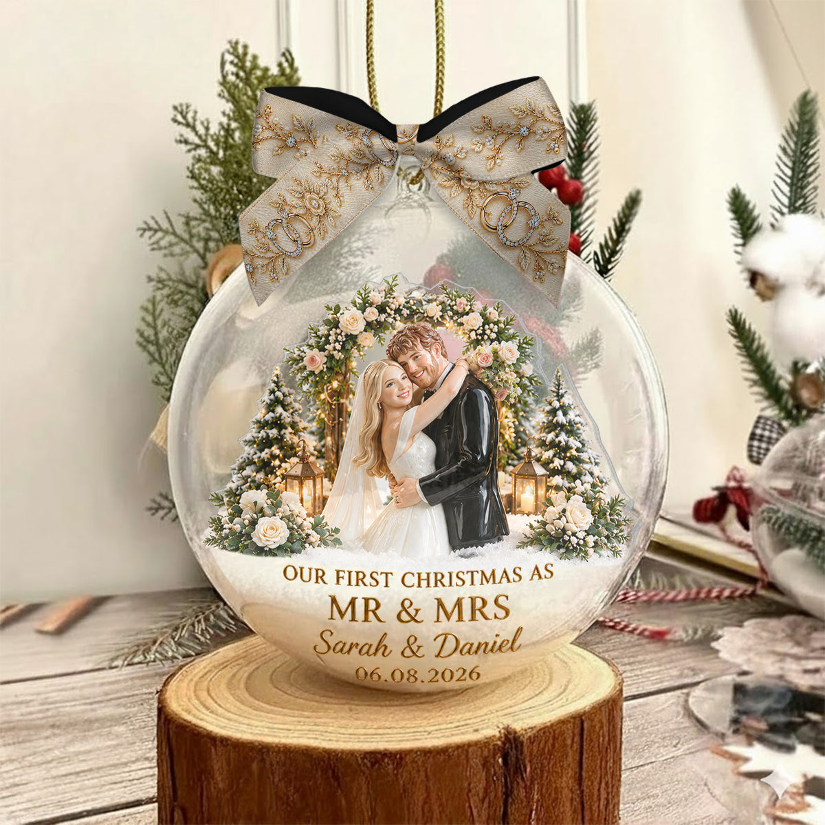 First Christmas Married - Personalized Couple Snow Globe Ornament With Bow