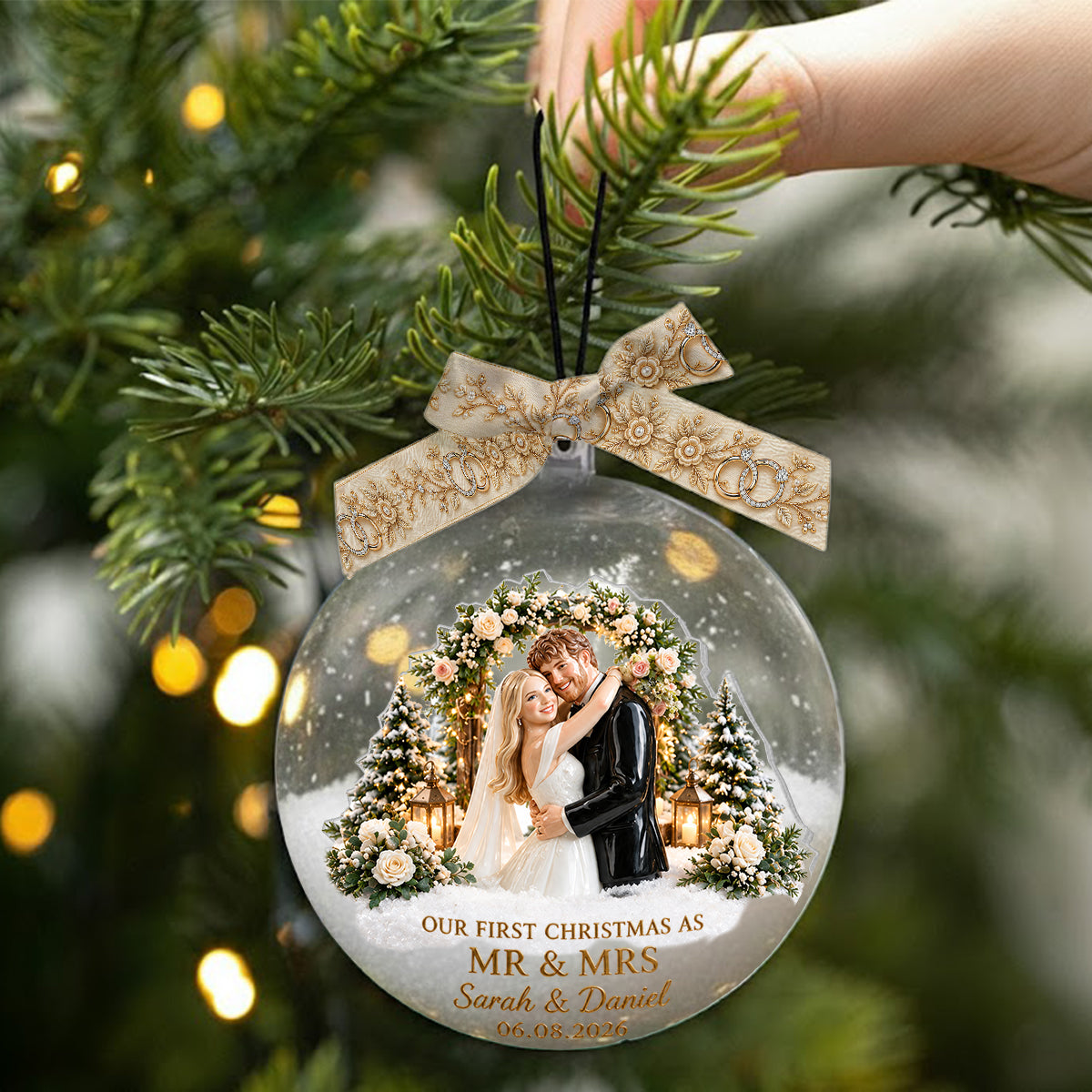 First Christmas Married - Personalized Couple Snow Globe Ornament With Bow