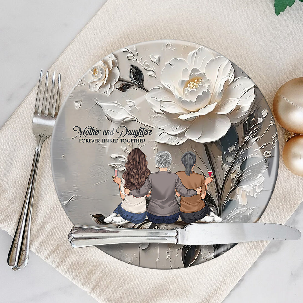 Mother And Daughters Forever Linked Together - Personalized Mother Ceramic Round Plate