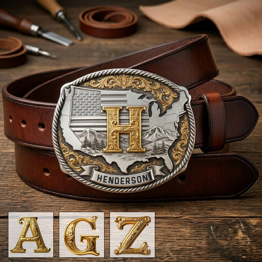 Custom Initial Buckle Belt, United State Map, Gift For Him - Personalized Patriot Leather Belt With Shaped Buckle