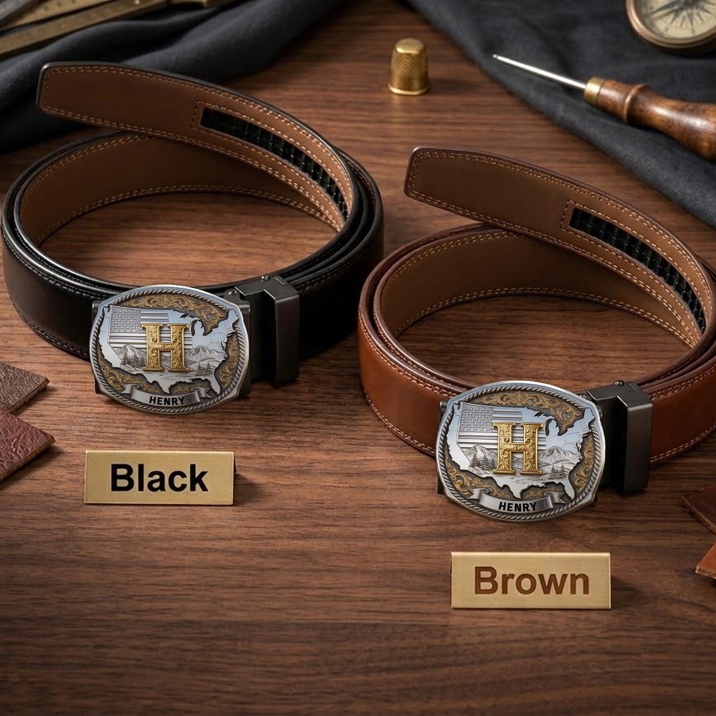 Custom Initial Buckle Belt, United State Map, Gift For Him - Personalized Patriot Leather Belt With Shaped Buckle