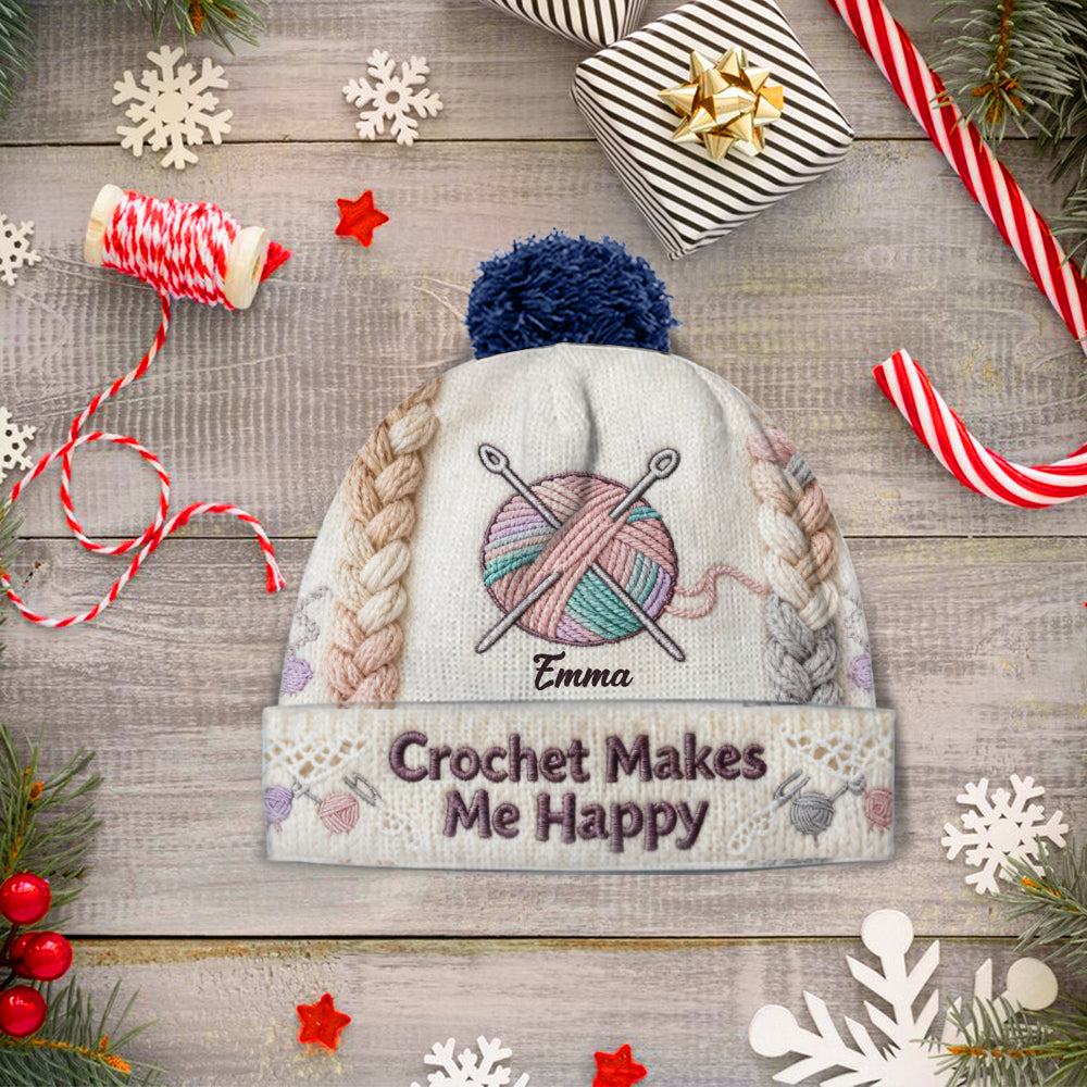 Crochet Makes Me Happy - Personalized Crocheting Beanie Hat