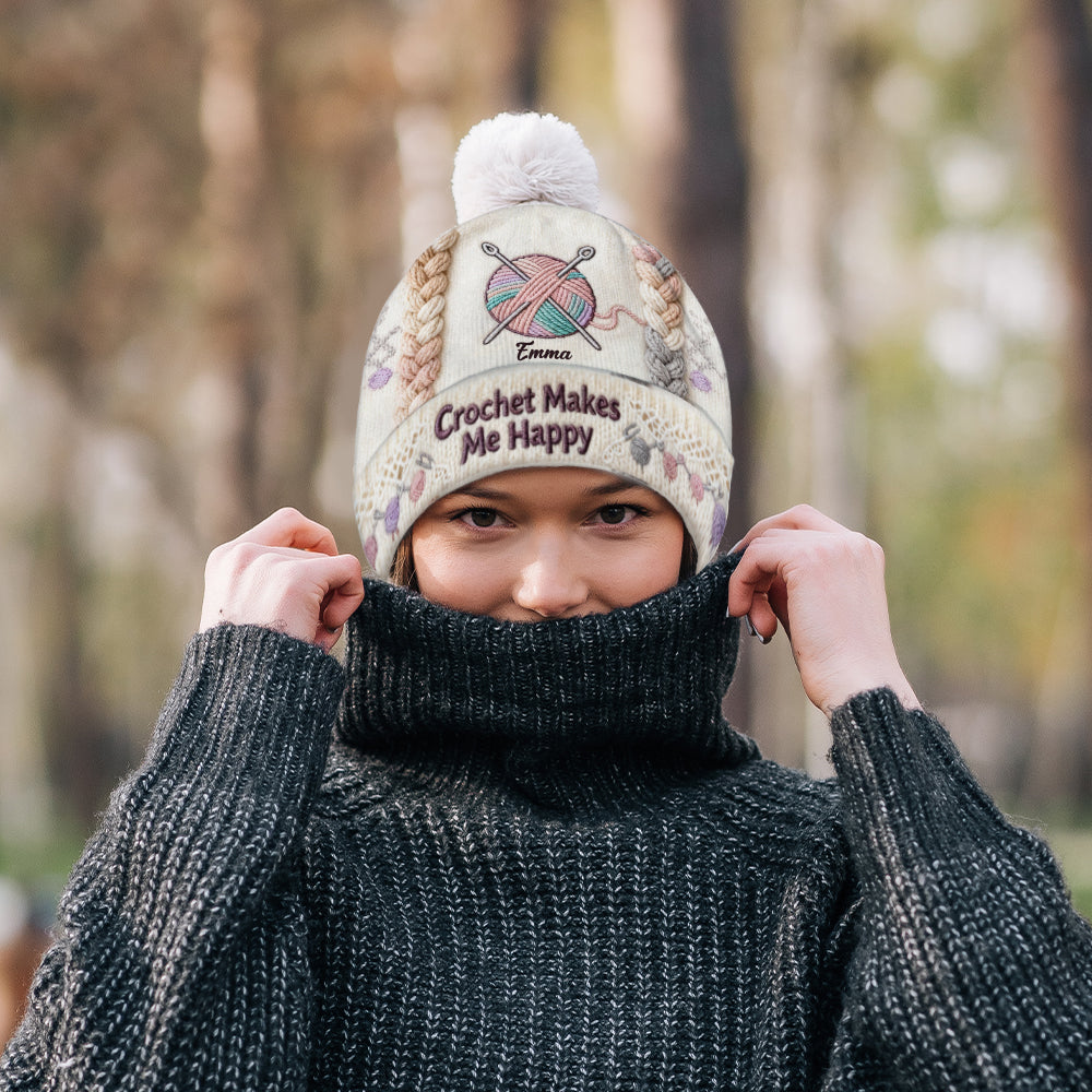 Crochet Makes Me Happy - Personalized Crocheting Beanie Hat