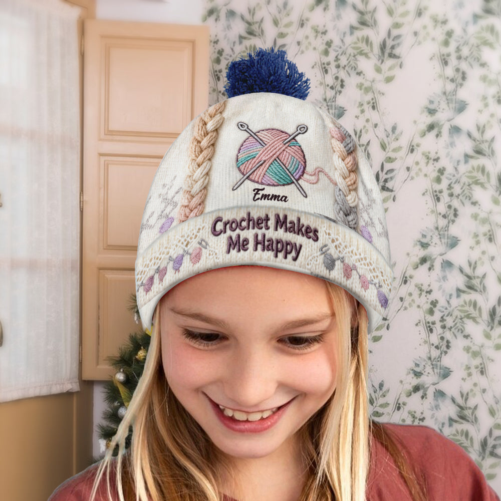 Crochet Makes Me Happy - Personalized Crocheting Beanie Hat