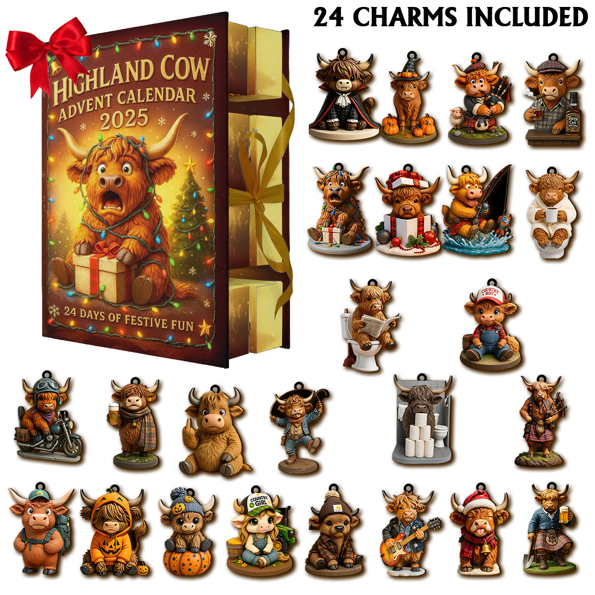 Highland Cow Advent Calendar 2025 - Highland Cow Folded Advent Calendar With Ornaments