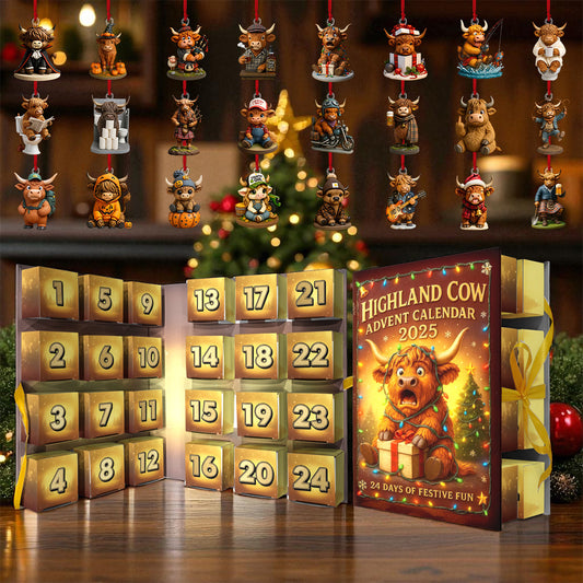 Highland Cow Advent Calendar 2025 - Highland Cow Folded Advent Calendar With Ornaments