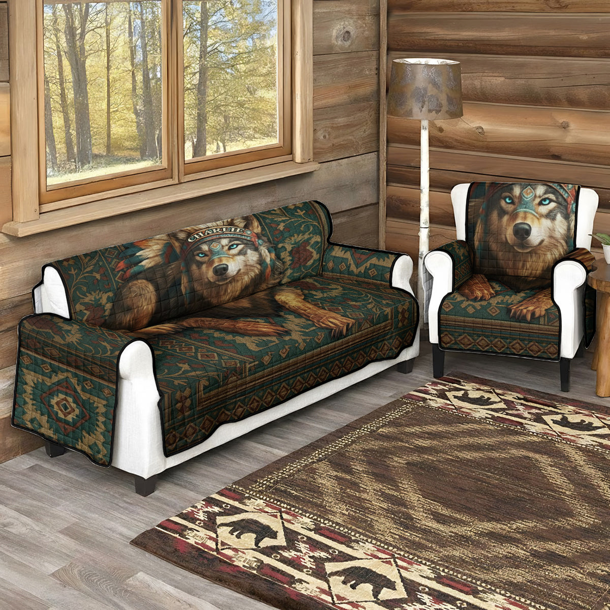 Native American Wolf - Personalized American Indian Quilted Sofa/Couch Cover