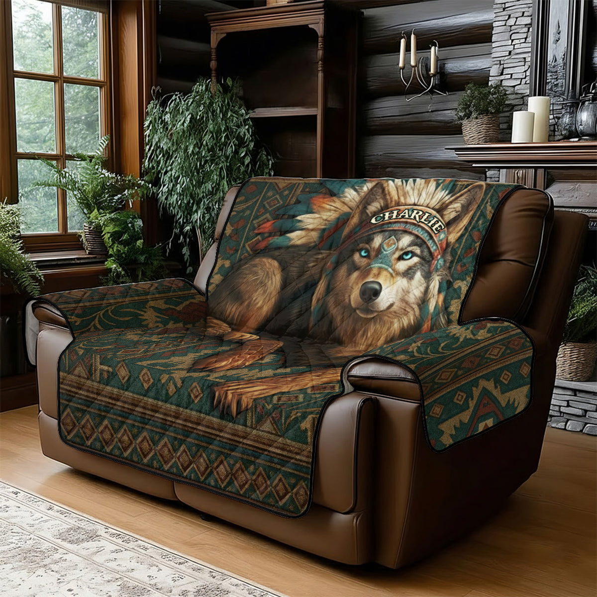 Native American Wolf - Personalized American Indian Quilted Sofa/Couch Cover