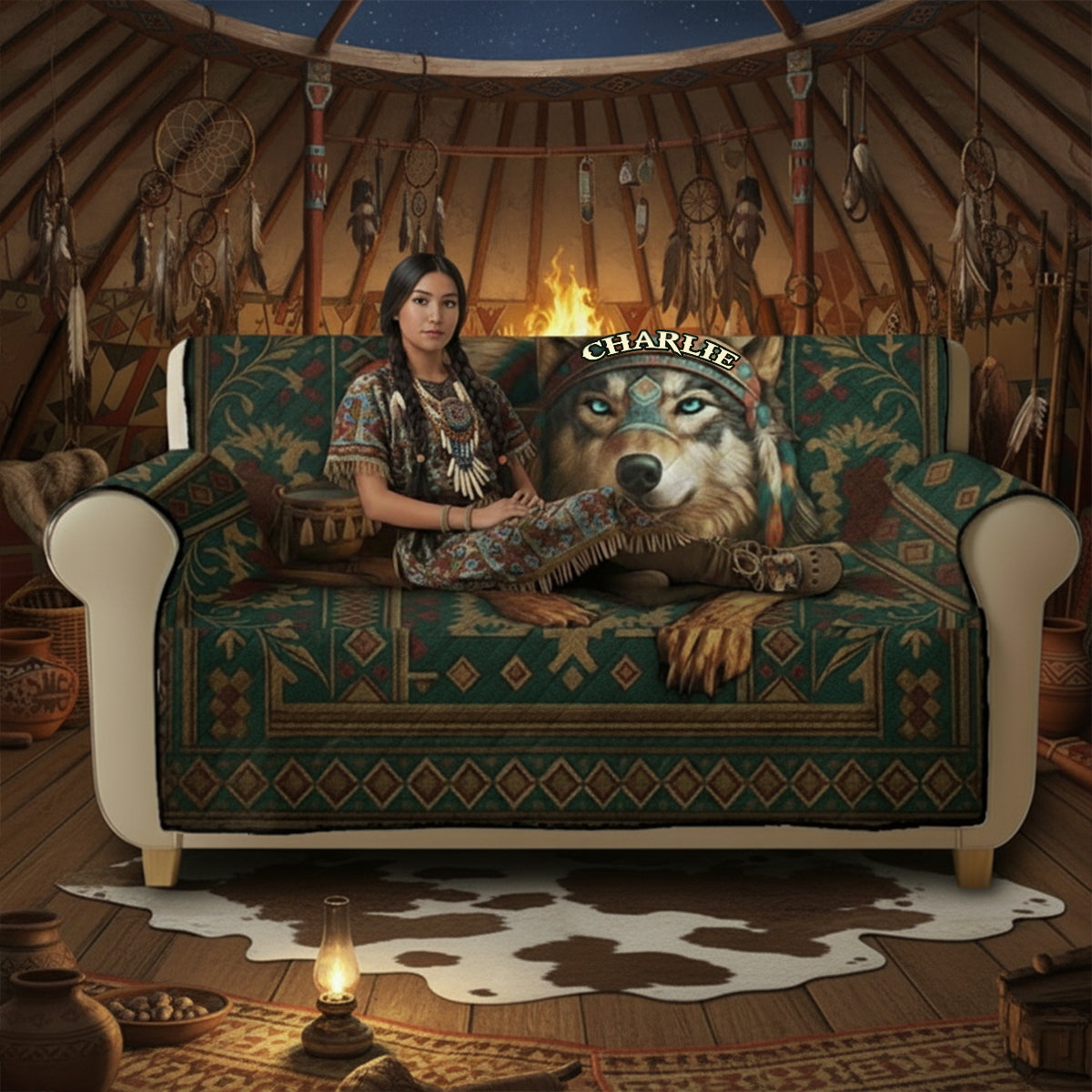 Native American Wolf - Personalized American Indian Quilted Sofa/Couch Cover