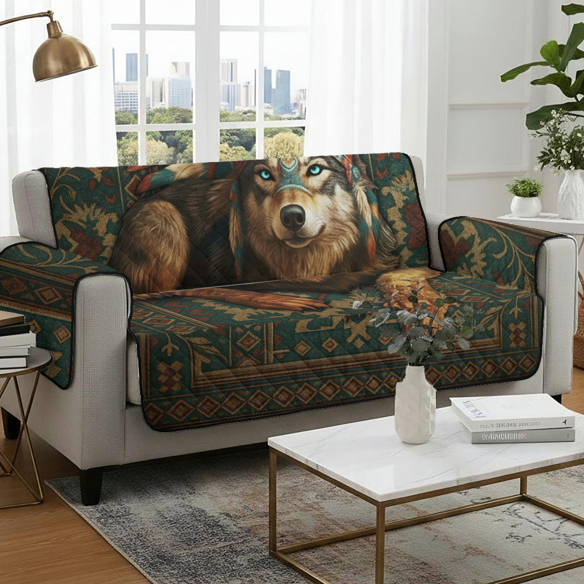Native American Wolf - Personalized American Indian Quilted Sofa/Couch Cover