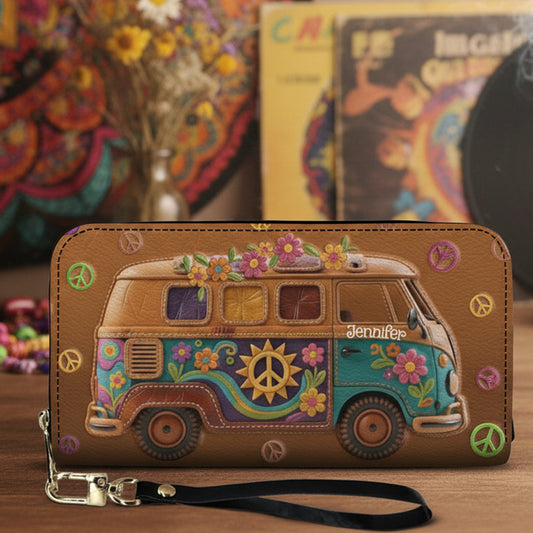 Floral Hippie Van - Personalized Hippie Leather Long Wallet