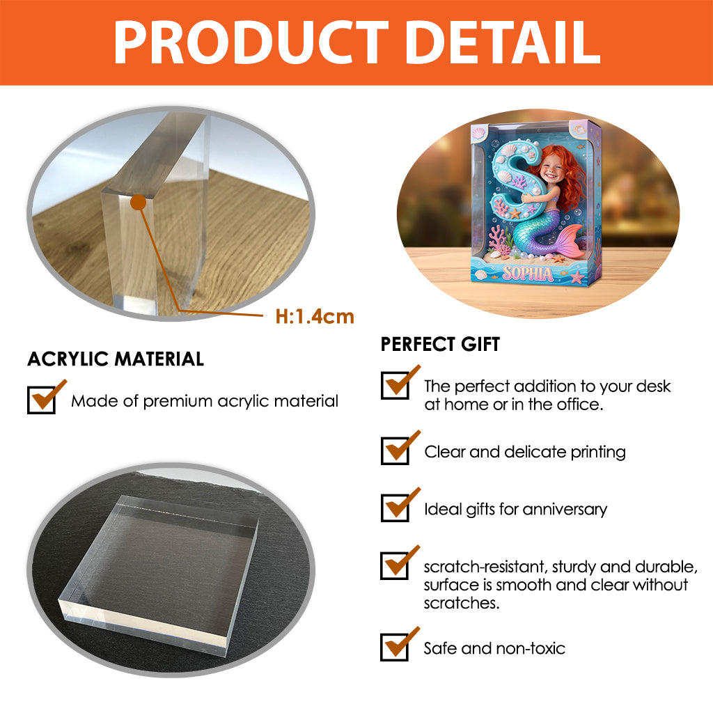 Mermaid Alphabet Letter & Custom Photo - Personalized Kid Custom Shaped Acrylic Plaque