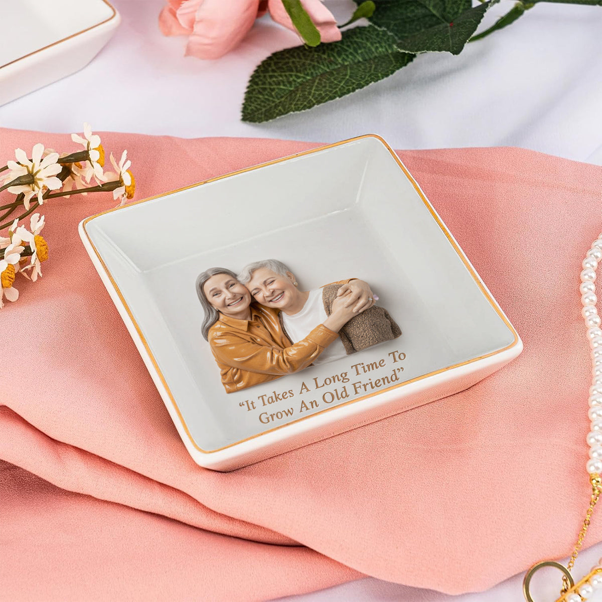 Custom Friends Photo Trinket Tray For Friendship - Personalized Bestie Fully Printed Jewelry Dish