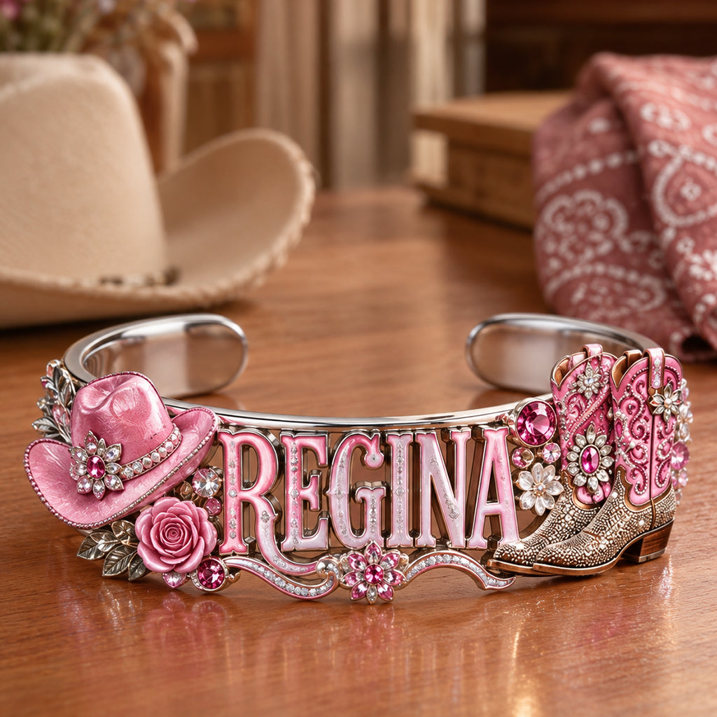 Western Style Pink Cowgirl Boots - Personalized Cowgirl Shaped Cuff Bracelet