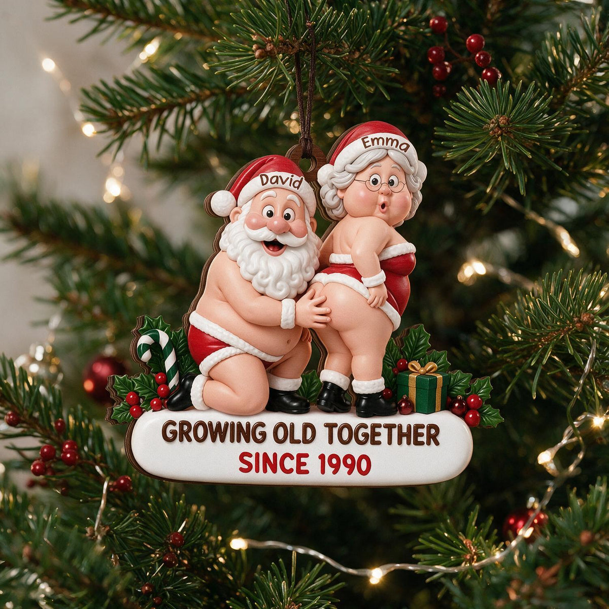 Personalized Christmas Funny Santa & Mrs. Claus Couple Wooden Ornament - Growing Old Together Gift