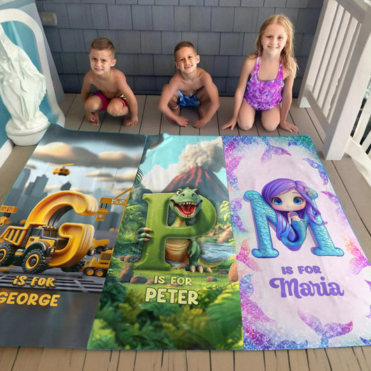 Kid Mermaid/ Dinosaur/ Truck Alphabets - Personalized Kid Quick-dry Beach Towel/ Bath Towel