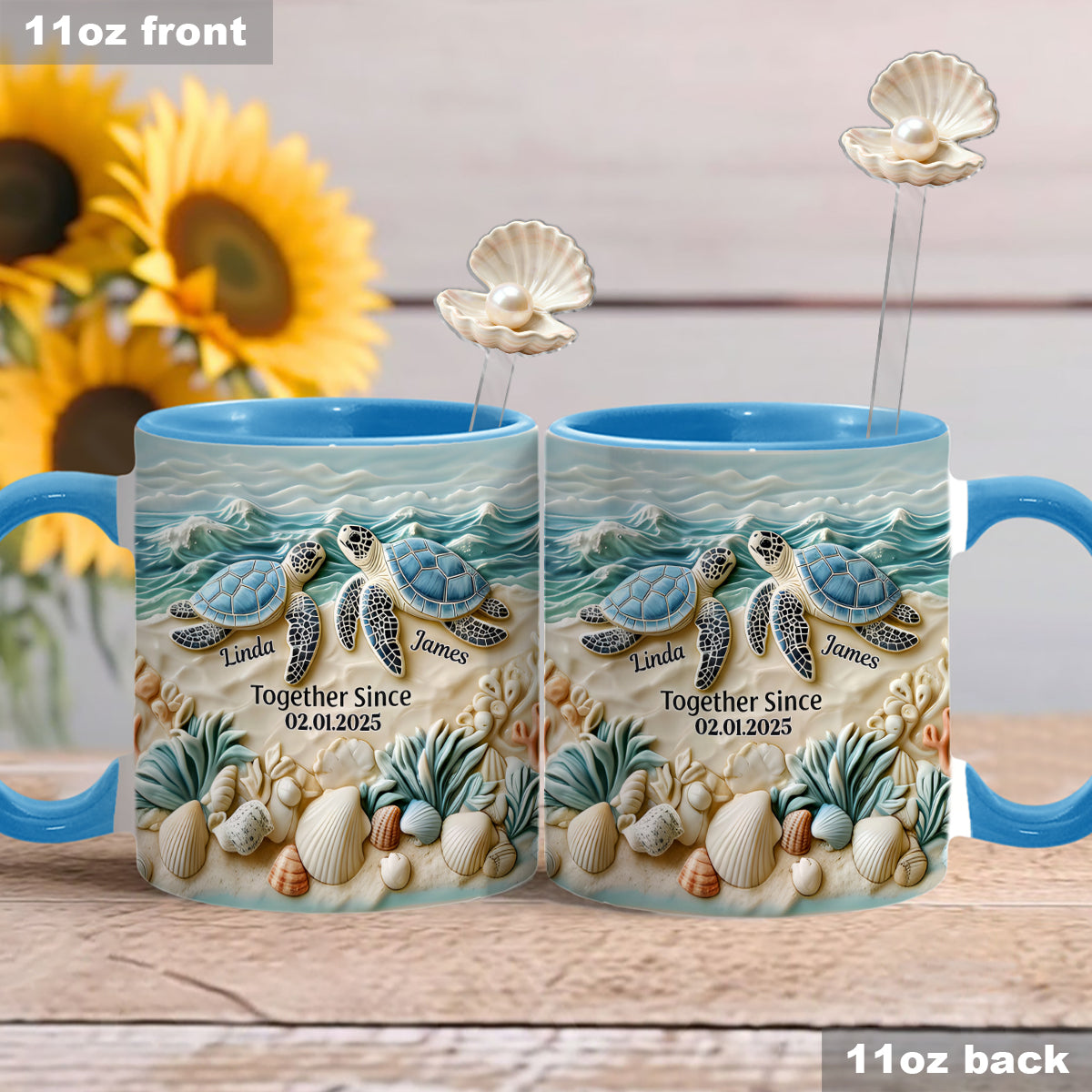 Couple Turtle - Personalized Turtle Set Accent Mug with Acrylic Stirrers